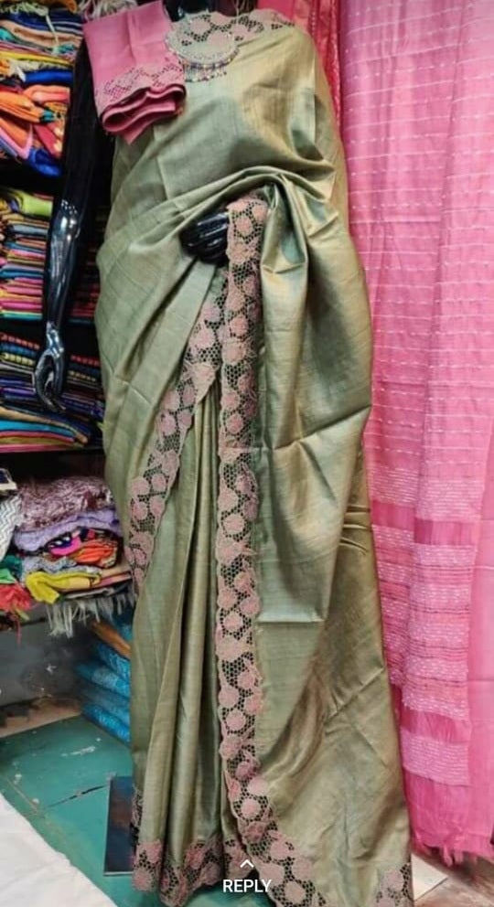 Tussar silk cut work design saree SILK ZONE
