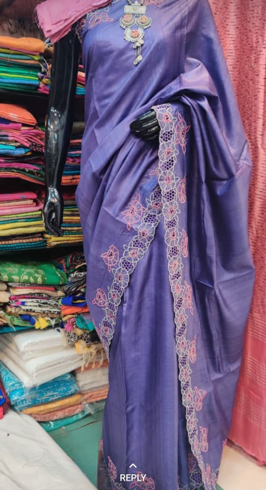 Tussar silk cut work design saree SILK ZONE