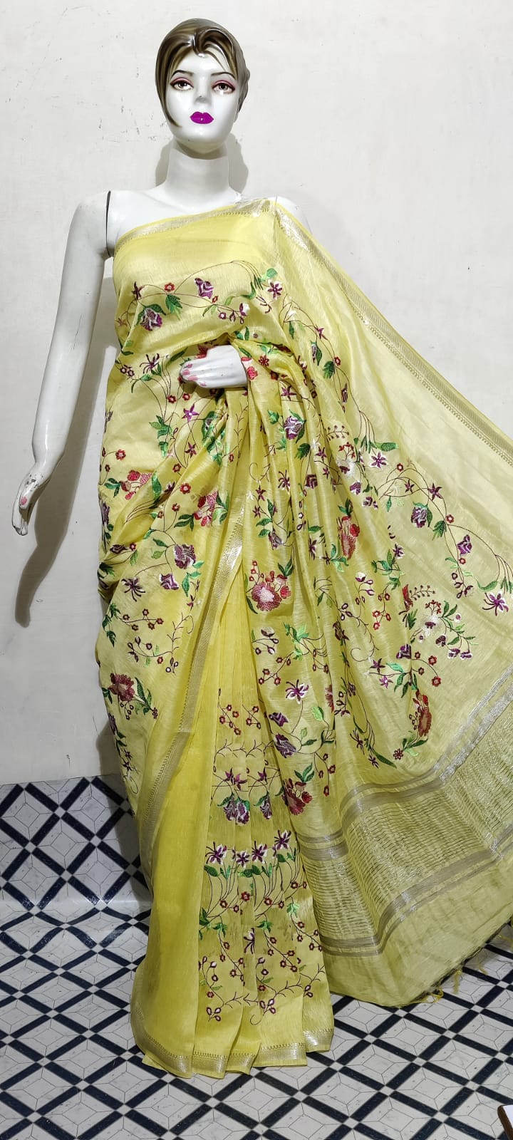 Organza linen embroidery saree SILK ZONE