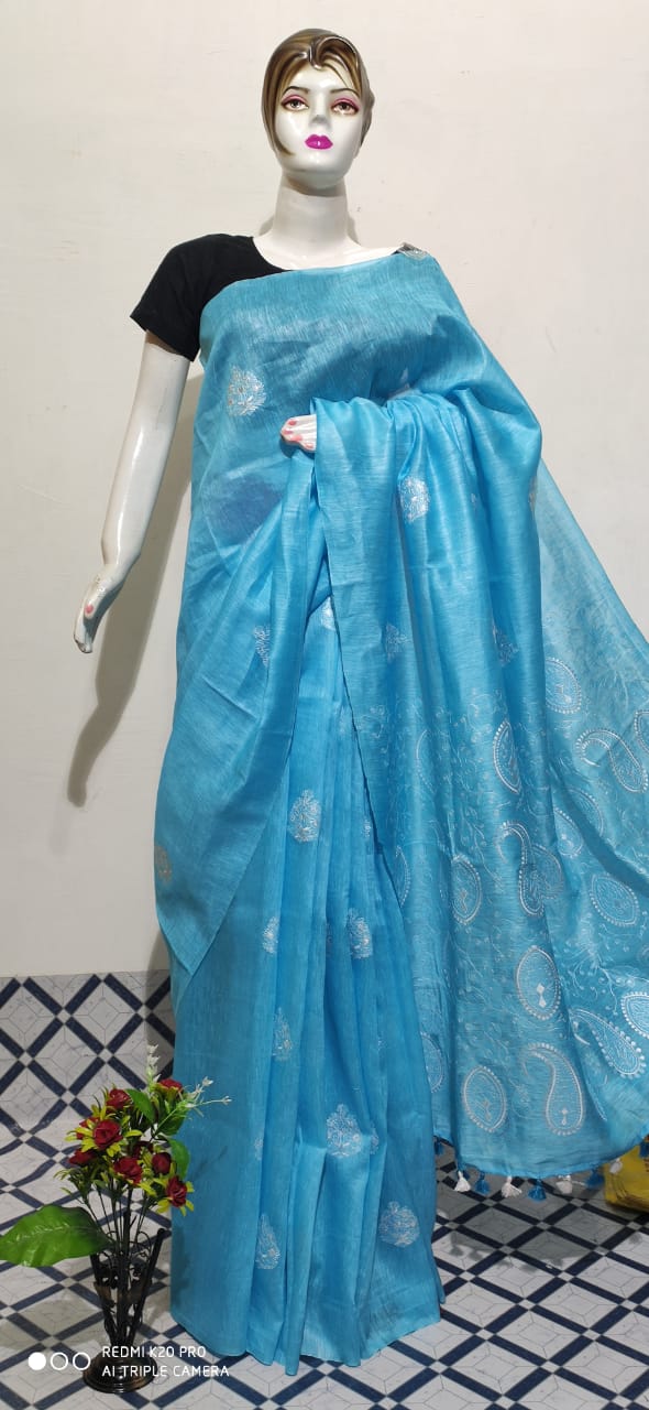 Organza linen embroidery saree SILK ZONE