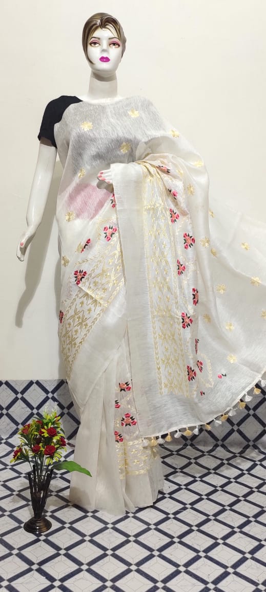 Organza linen embroidery saree SILK ZONE