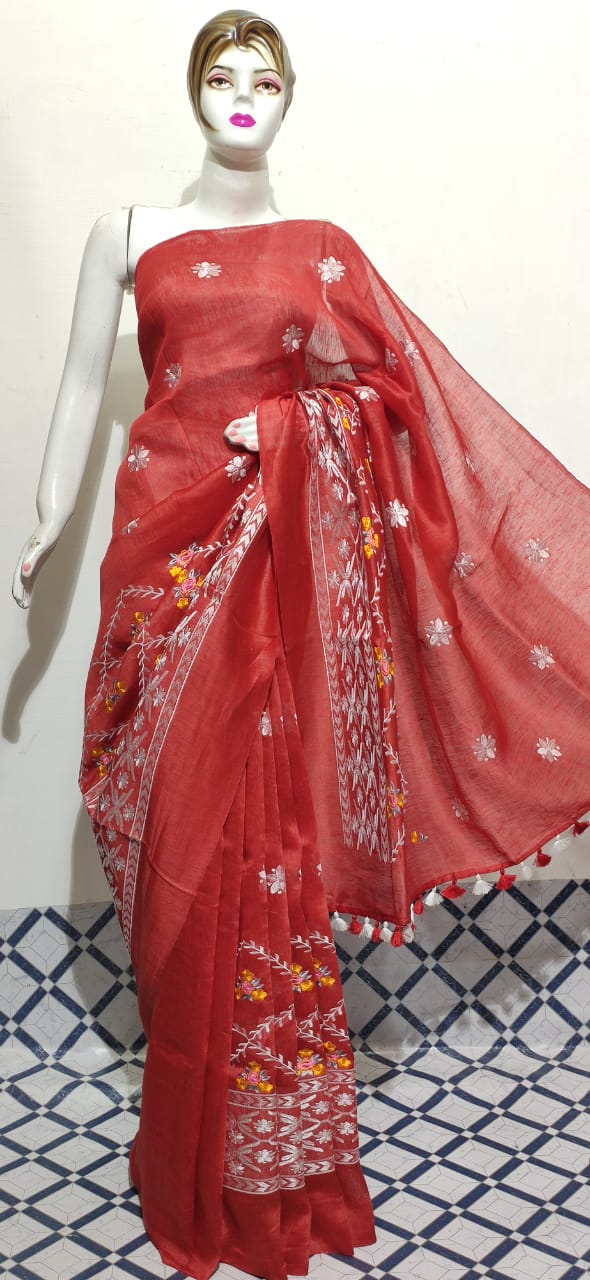 Organza linen embroidery saree SILK ZONE