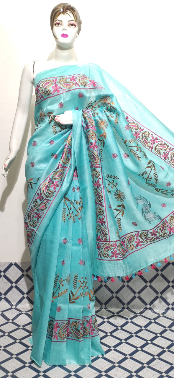 Organza linen embroidery saree SILK ZONE