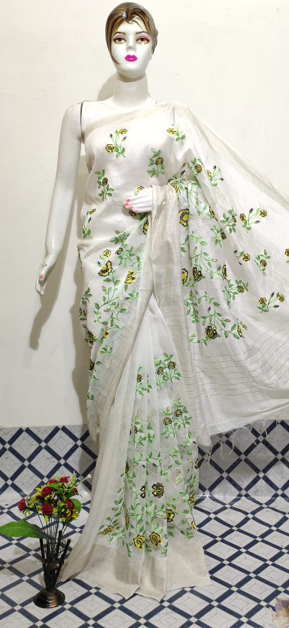 Organza linen embroidery saree SILK ZONE