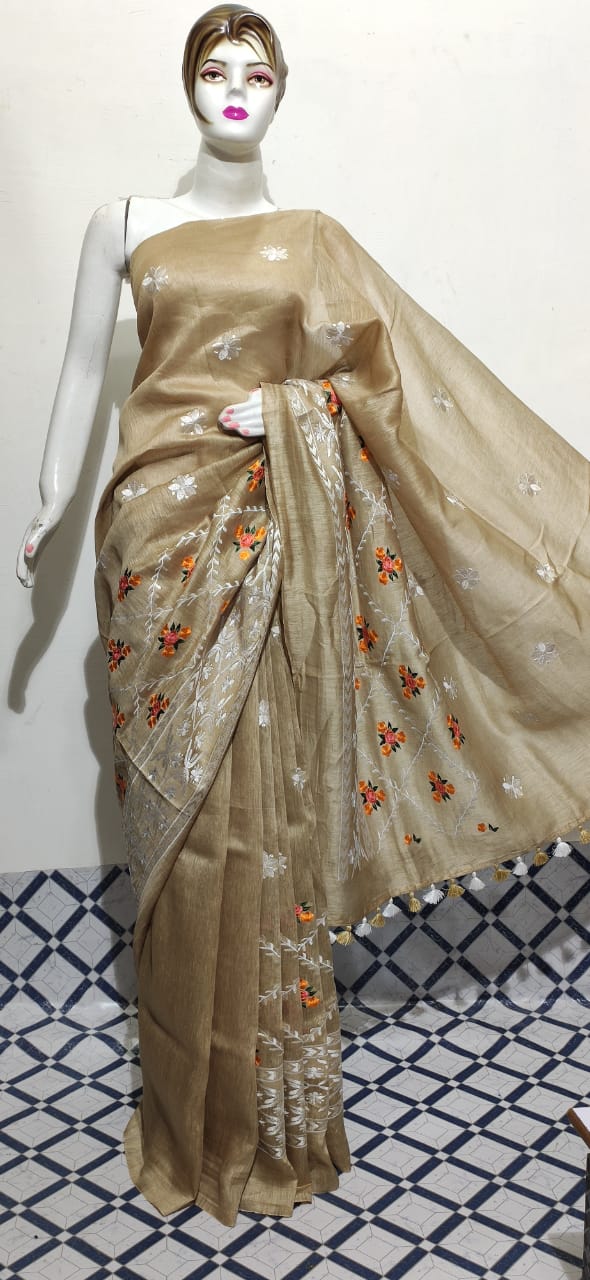 Organza linen embroidery saree SILK ZONE