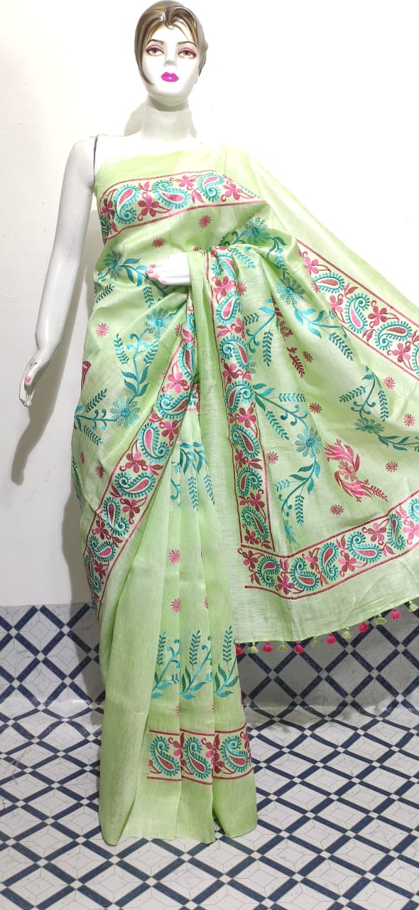 Organza linen embroidery saree SILK ZONE