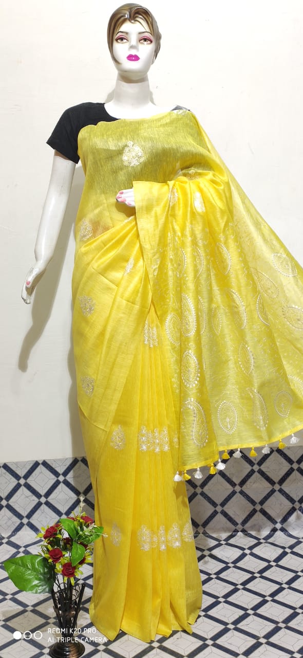 Organza linen embroidery saree SILK ZONE