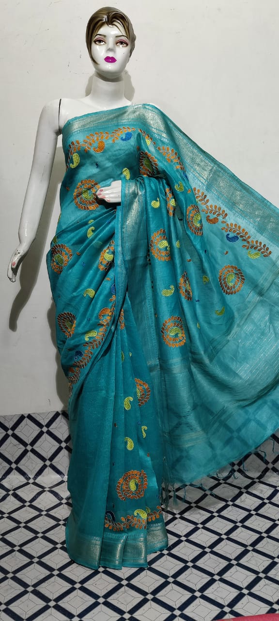 Organza linen embroidery saree SILK ZONE