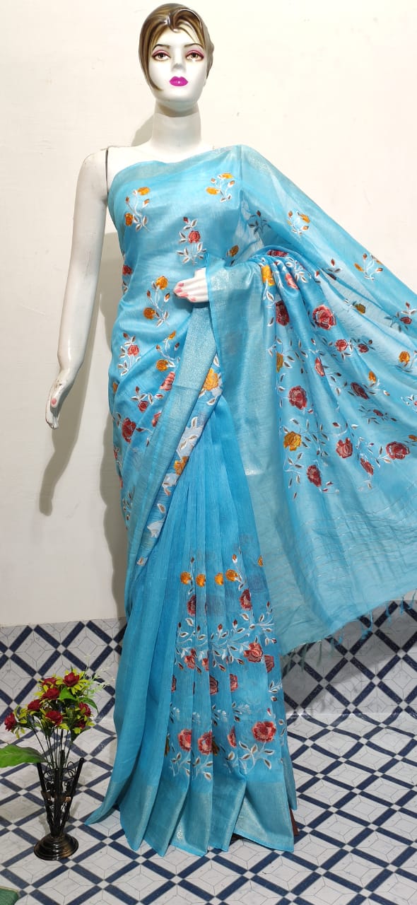 Organza linen embroidery saree SILK ZONE