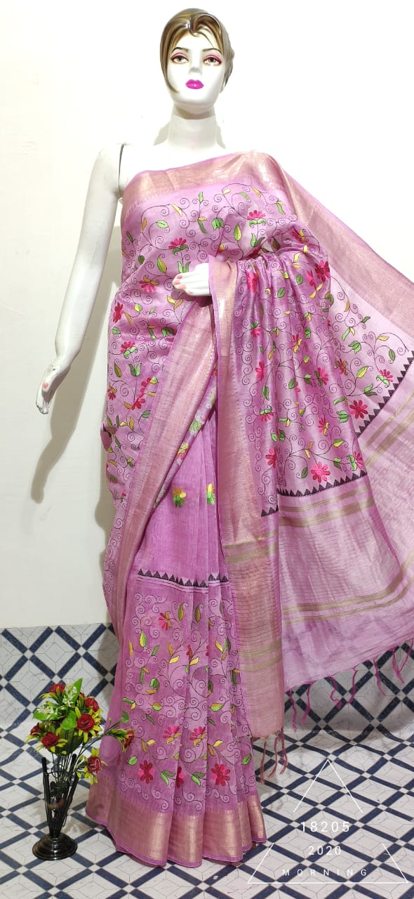 Organza linen embroidery saree SILK ZONE