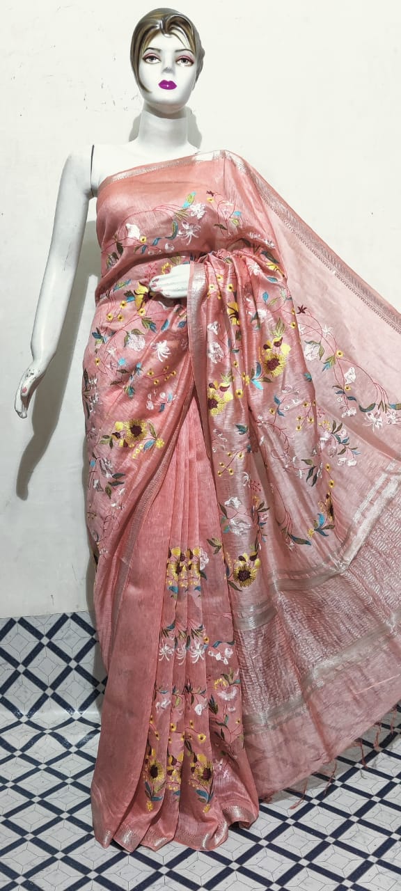 Organza linen embroidery saree SILK ZONE