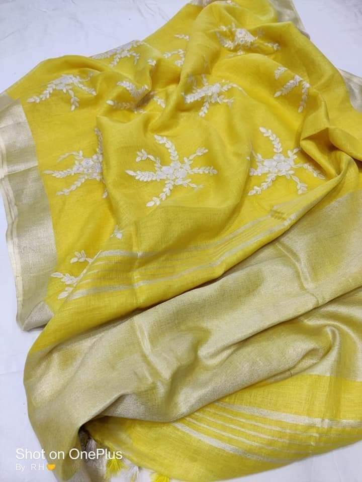 Pure silk linen embroidery saree SILK ZONE