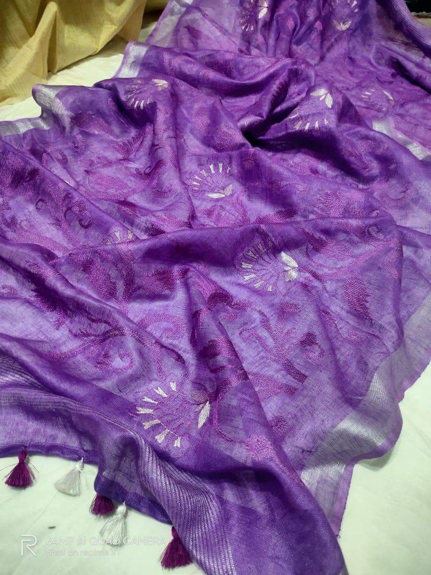 Pure silk linen embroidery saree SILK ZONE