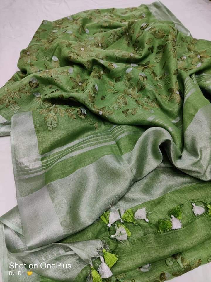Pure silk linen embroidery saree SILK ZONE