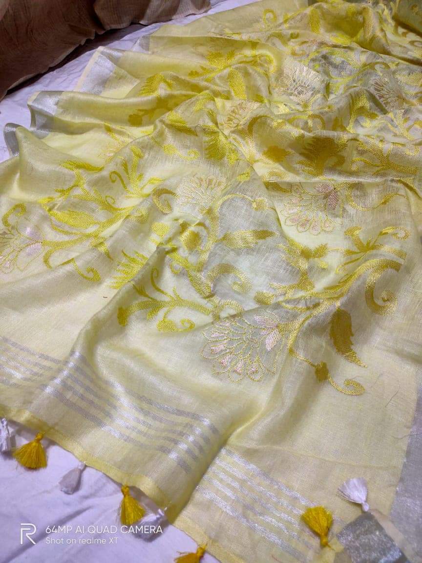 Pure silk linen embroidery saree SILK ZONE