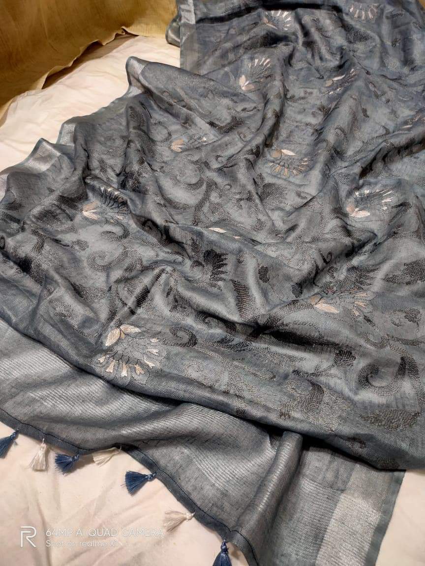 Pure silk linen embroidery saree SILK ZONE