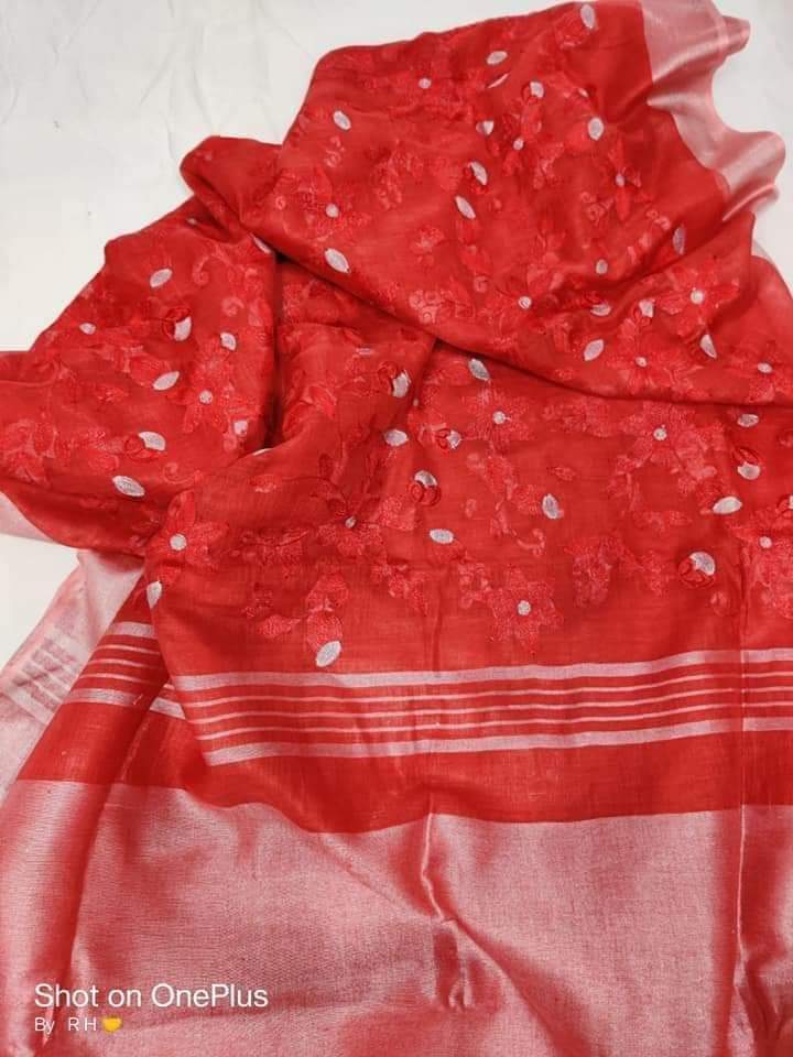 Pure silk linen embroidery saree SILK ZONE