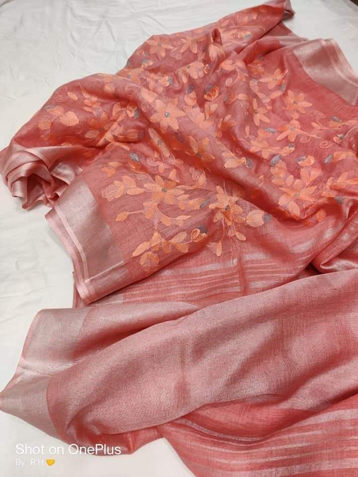 Pure silk linen embroidery saree SILK ZONE