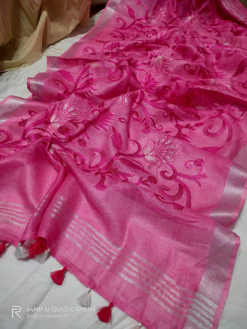 Pure silk linen embroidery saree SILK ZONE