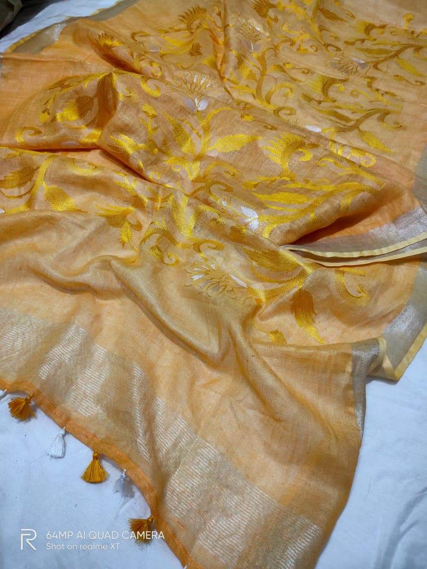 Pure silk linen embroidery saree SILK ZONE