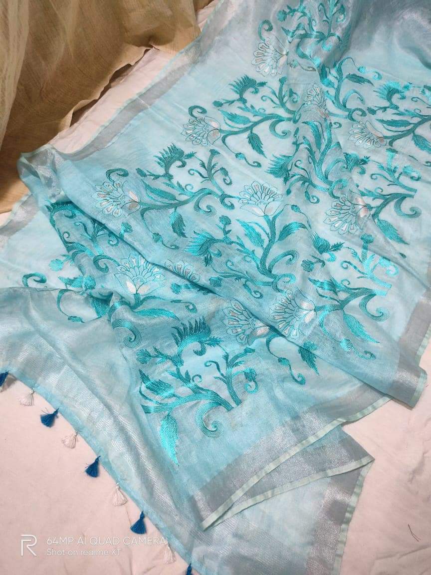 Pure silk linen embroidery saree SILK ZONE