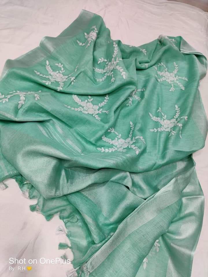 Pure silk linen embroidery saree SILK ZONE