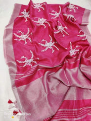 Pure silk linen embroidery saree SILK ZONE