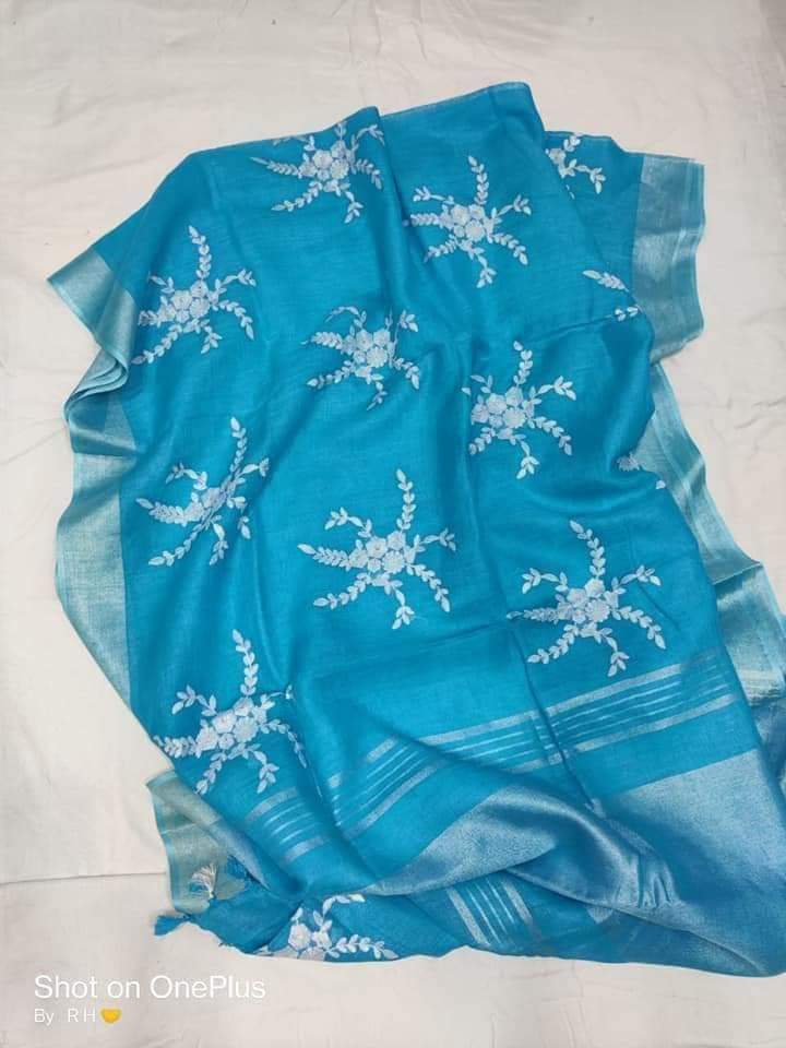 Pure silk linen embroidery saree SILK ZONE