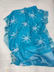Pure silk linen embroidery saree SILK ZONE