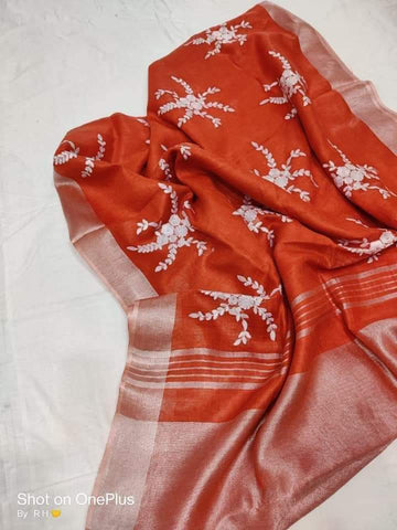 Pure silk linen embroidery saree SILK ZONE