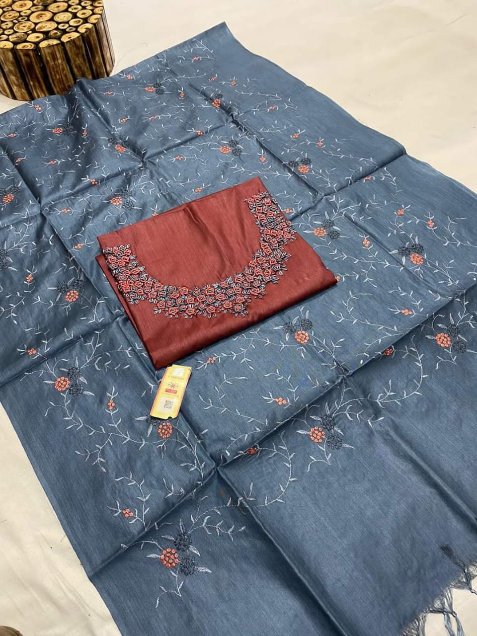 Tussar silk handwork embroidery suit SILK ZONE