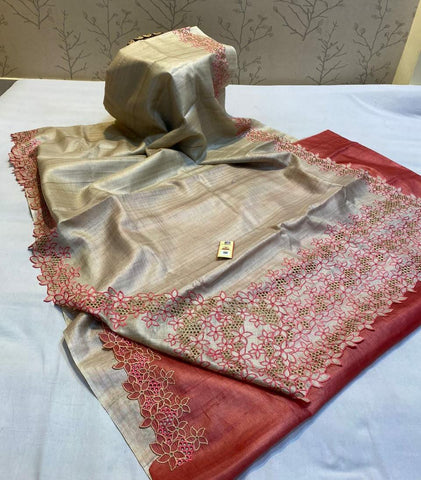 Tussar silk hand embroidery saree SILK ZONE