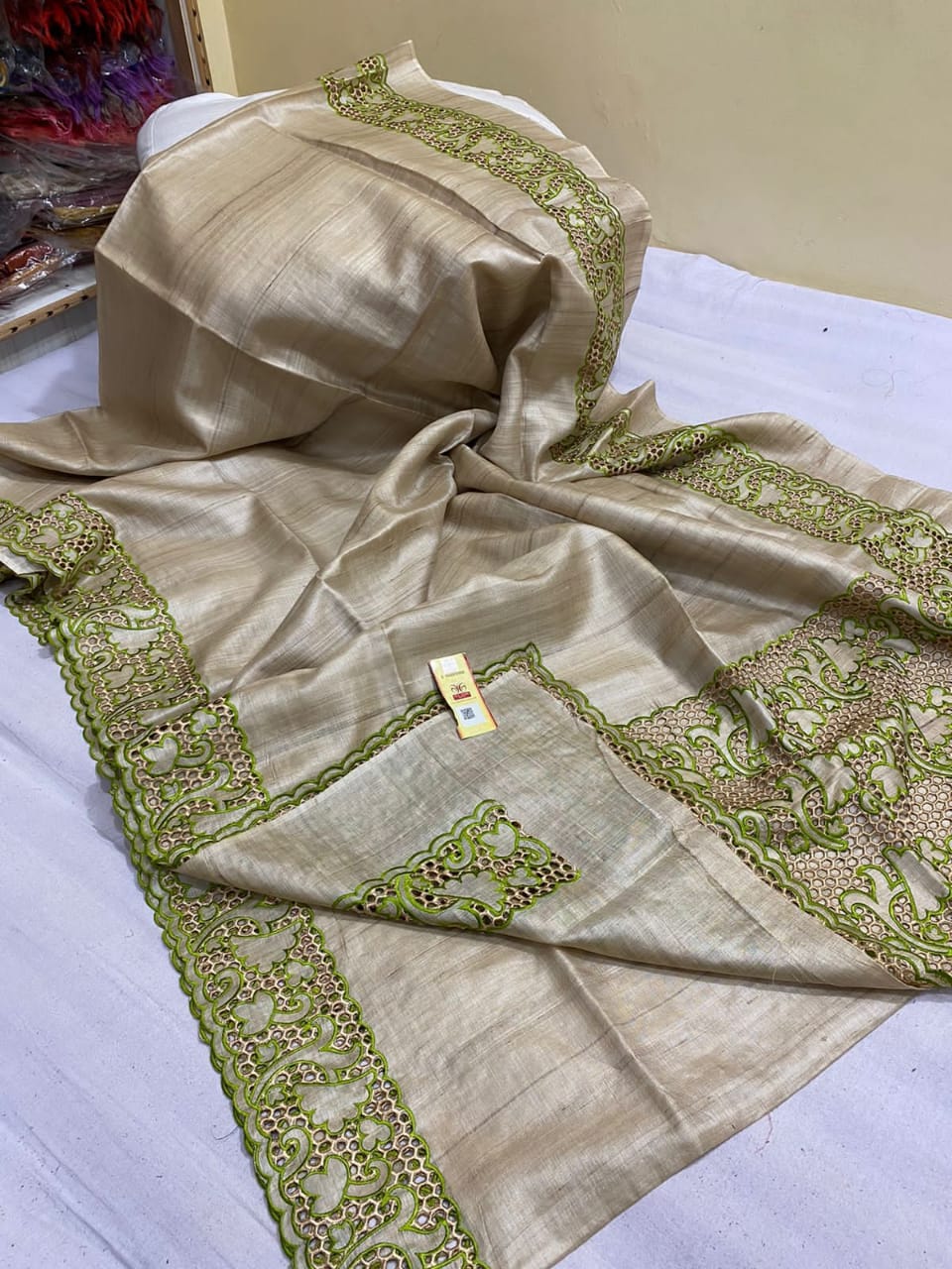 Pure tussar cutwork design embroidery silk saree SILK ZONE