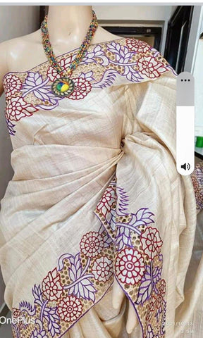 Pure tussar cutwork design embroidery silk saree SILK ZONE