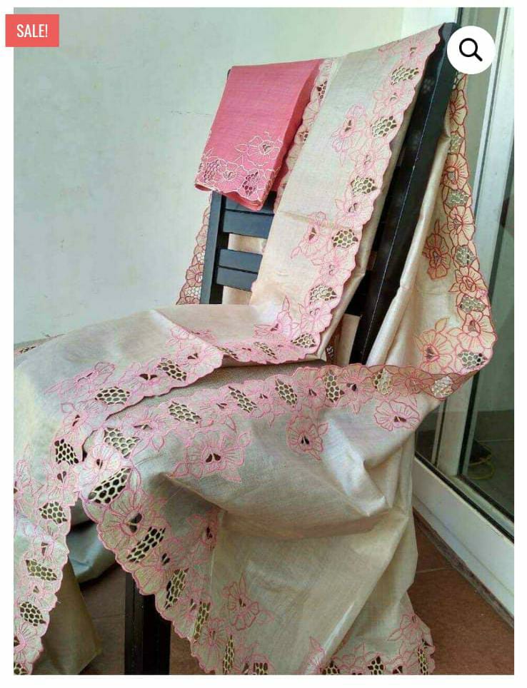 Pure tussar cutwork design embroidery silk saree SILK ZONE