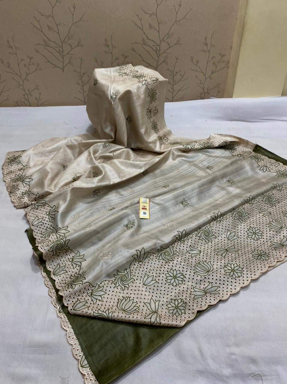 Pure tussar cutwork design embroidery silk saree SILK ZONE