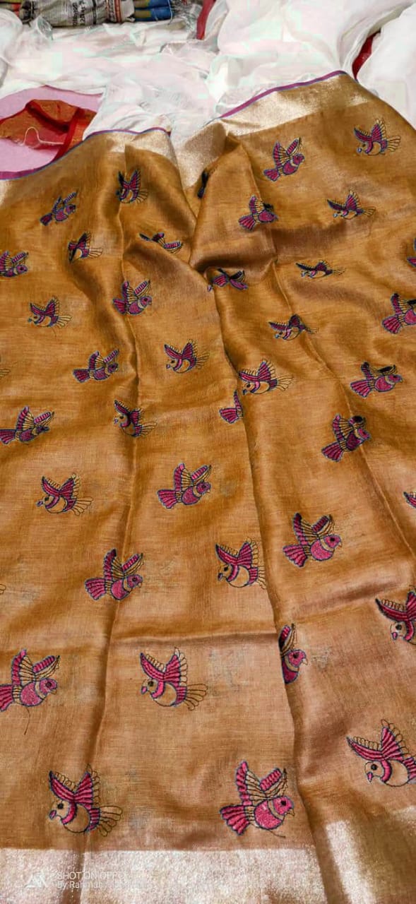 Tissue linen embroidery saree MJ Handlooms