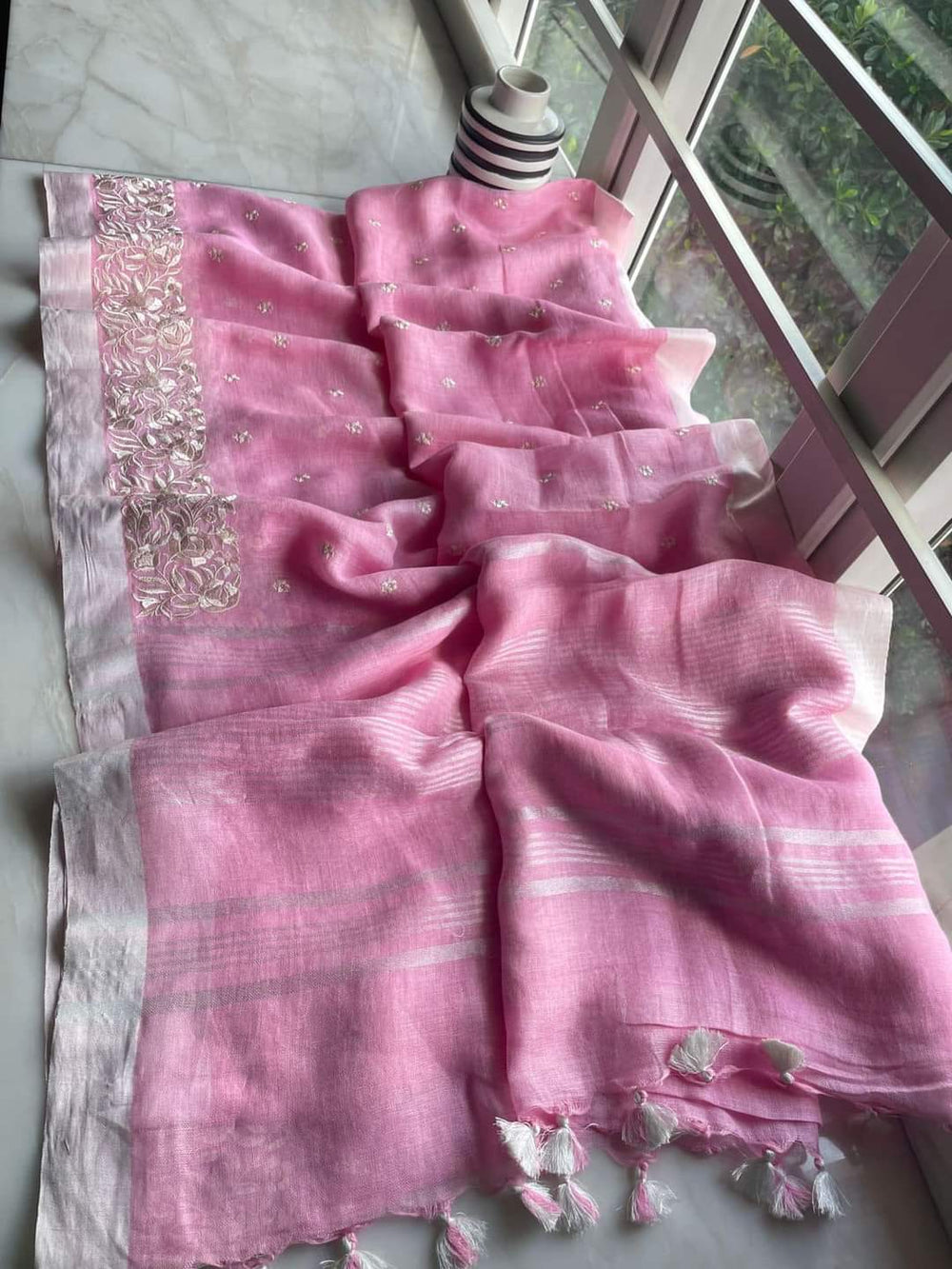 Organza Silk Saree - Organza Silk linen embroidery saree - Silk Zone