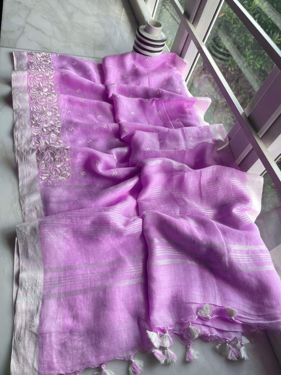Organza Silk Saree - Organza Silk linen embroidery saree - Silk Zone
