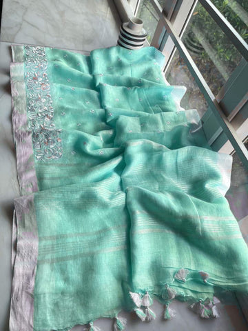 Organza Silk Saree - Organza Silk linen embroidery saree - Silk Zone