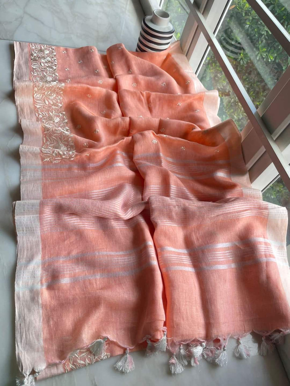 Organza Silk Saree - Organza Silk linen embroidery saree - Silk Zone