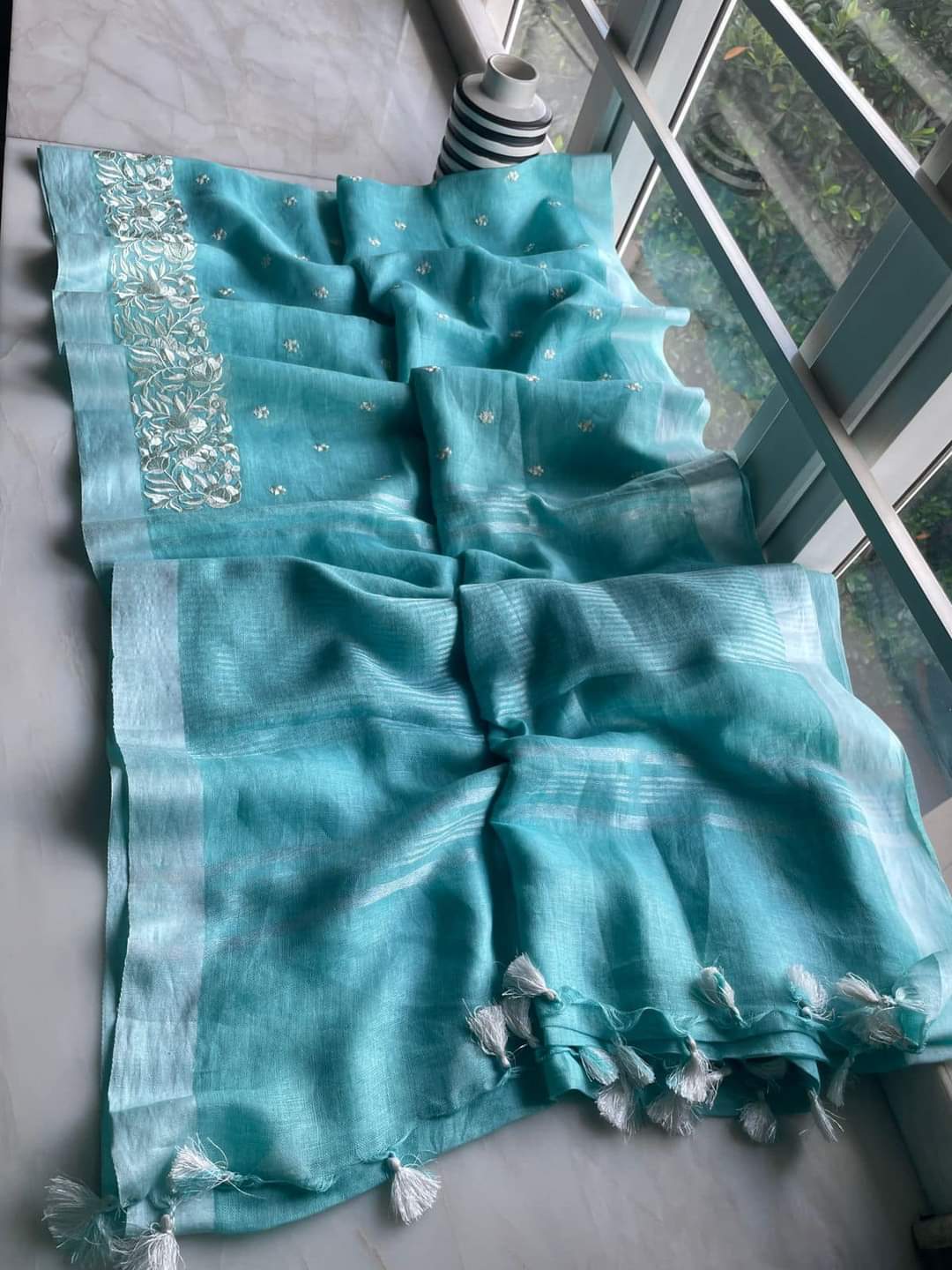 Organza Silk Saree - Organza Silk linen embroidery saree - Silk Zone