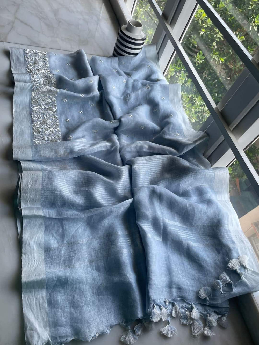 Organza Silk Saree - Organza Silk linen embroidery saree - Silk Zone