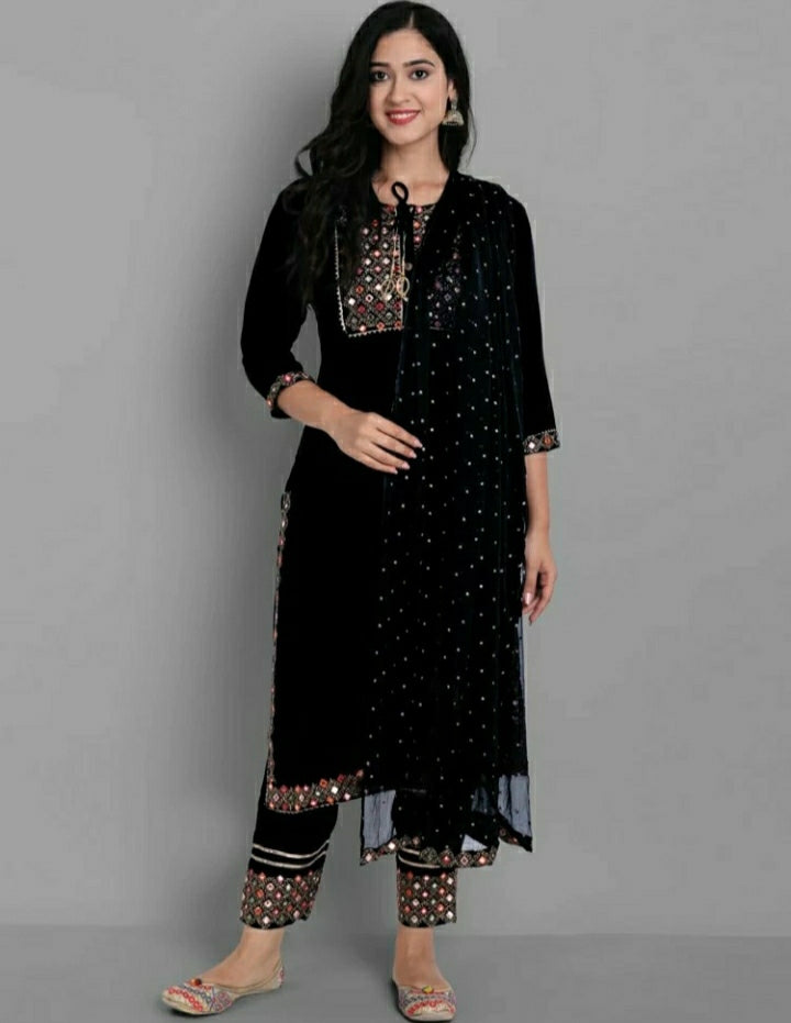 Women's black embroidered sequinned straight kurti with trousers & dupatta  - vidraa western store - 4221339
