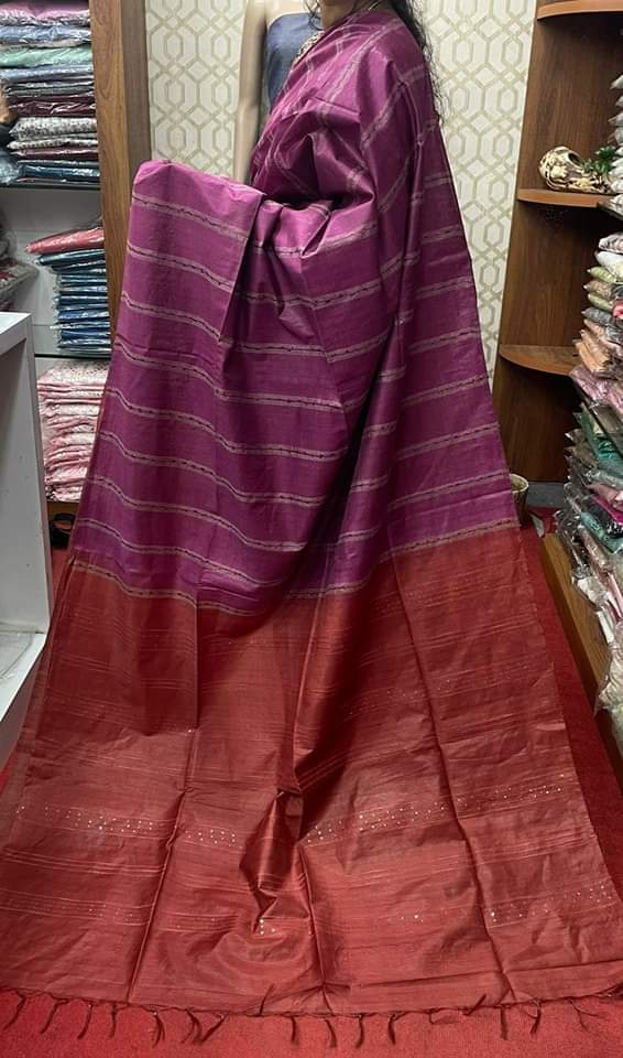 Semi Tussar silk saree with flag strip body and hand beading pallu – Grishya