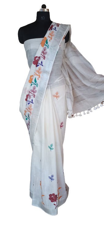 Cotton Linen embroidery saree SILK ZONE