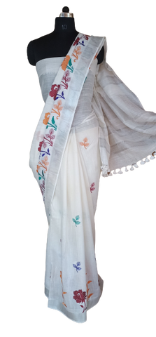 Cotton Linen embroidery saree SILK ZONE