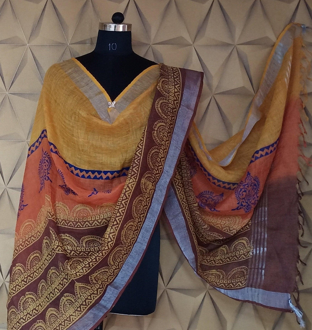 Tussar silk saree Linen printed duptta silkzon.in