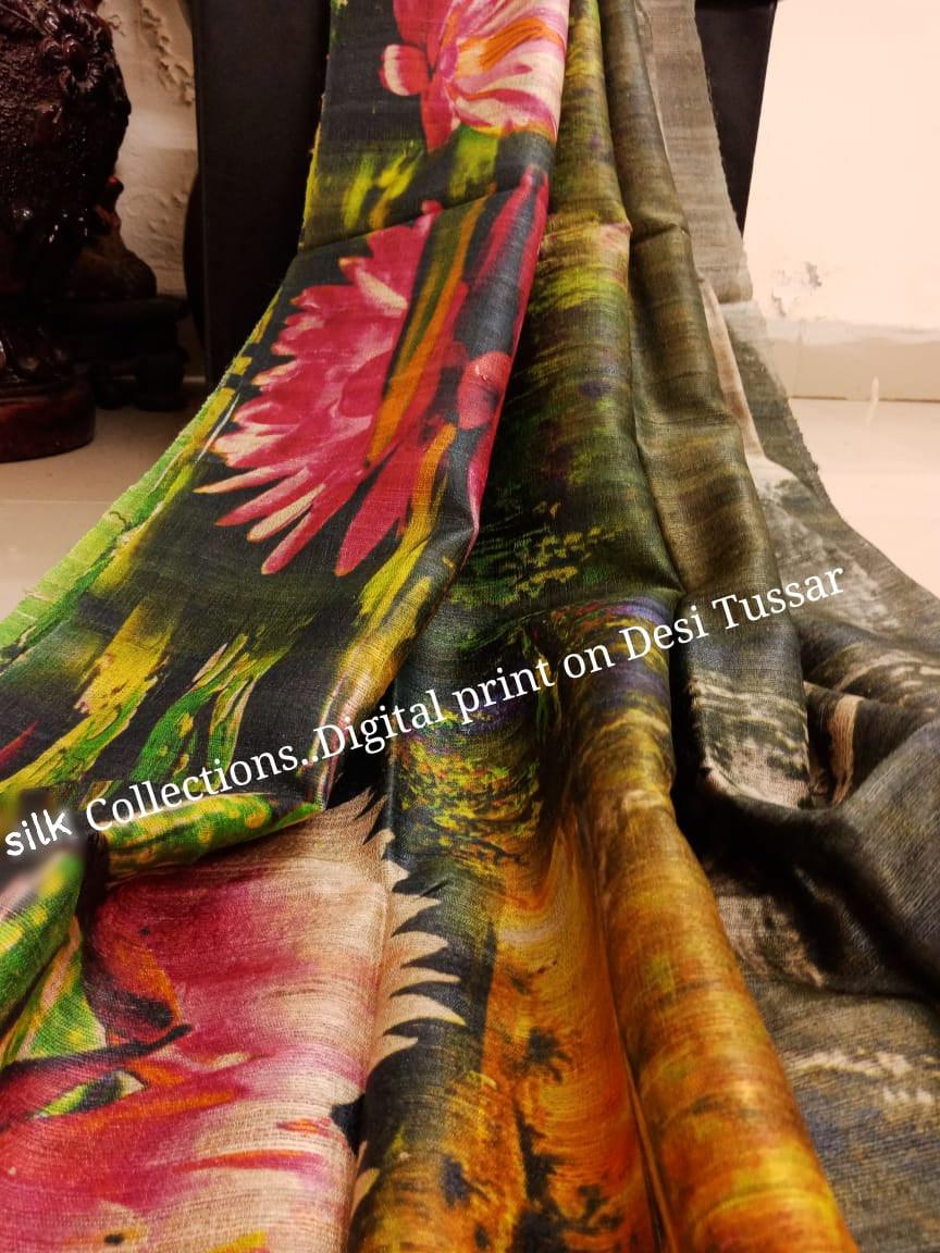 Handloom tussir silk digital print saree SILK ZONE