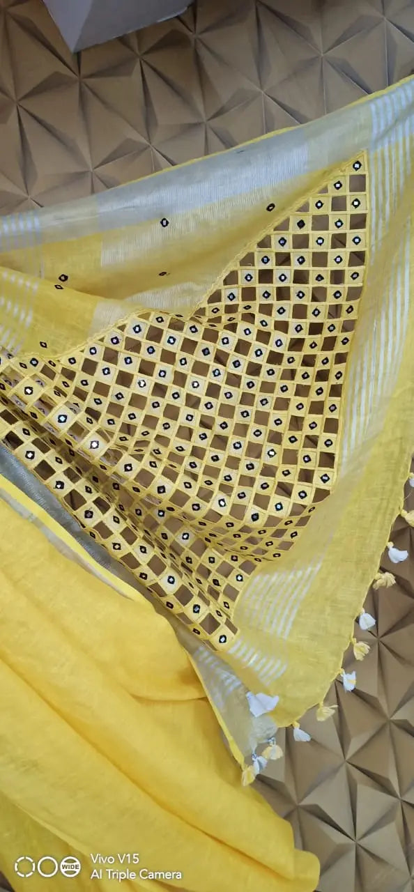 Linen saree cutwork saree silkzon.in